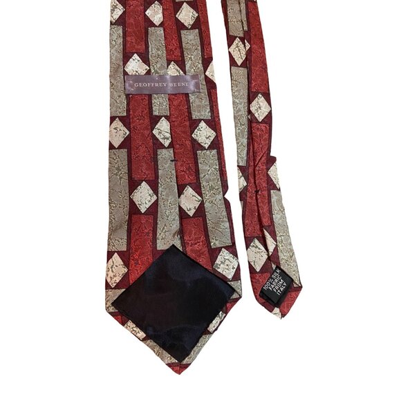 Geoffrey Beene Mens Silk Neck Tie Italy Red Tan White Geometric Work Dad Gift - Picture 4 of 6